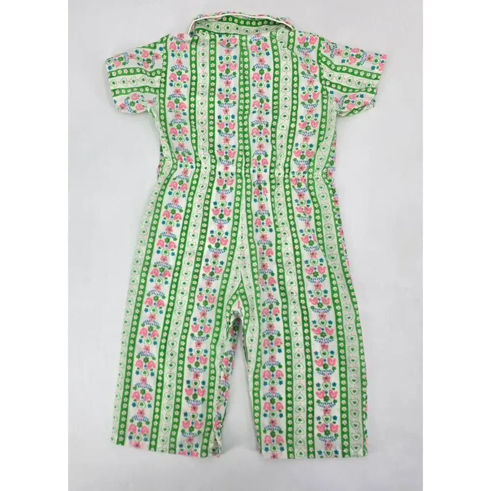Vintage Lily-Kids Floral Romper 4T Green Pink Folk‎ Print Mod Girls Jumpsuit 70s